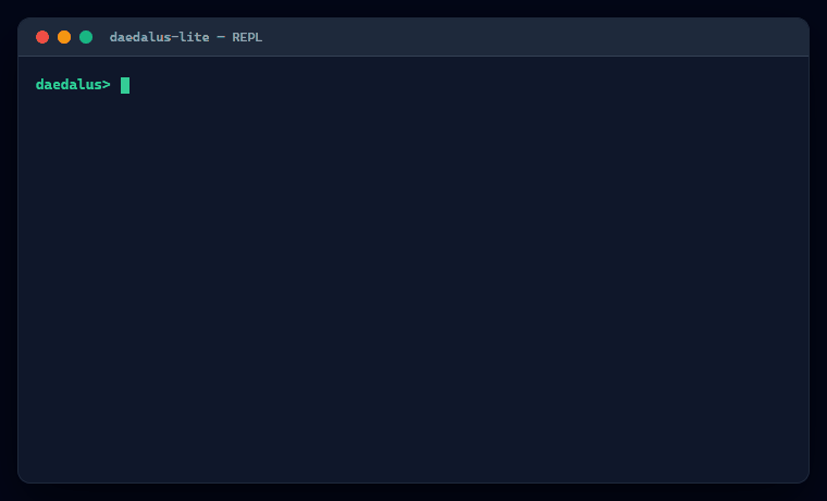 Daedalus Lite REPL in action — animated terminal showing /help, /model, and live code generation
